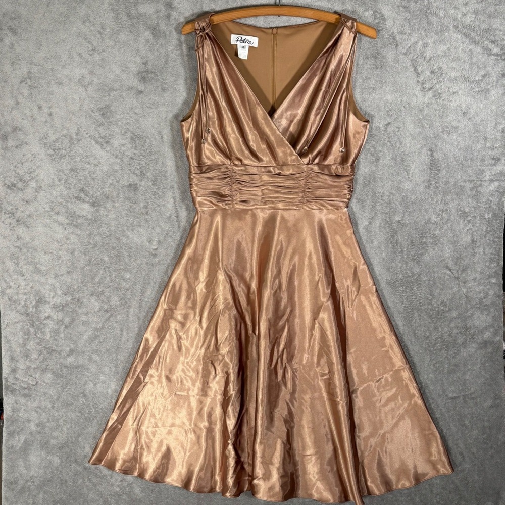 Vintage Patra Bronze‎ Metallic Satin Ruched Waist Fit & Flare Midi Dress Size 10